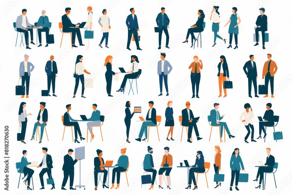 Clean vector illustrations depicting various scenes of business individuals and groups in a professional setting Clean vector illustrations depicting various scenes of business individuals and groups in a professional setting