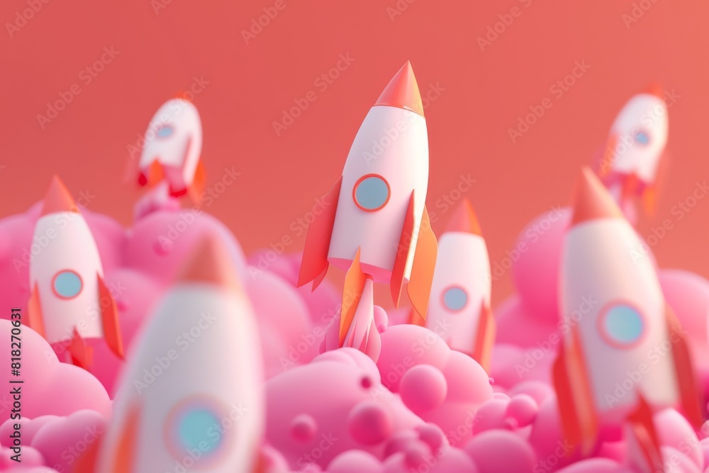 A digitally rendered scene of white and pink paper rockets on a matching pink background, conveying a sense of unity and goal orientation A digitally rendered scene of white and pink paper rockets on a matching pink background, conveying a sense of unity and goal orientation