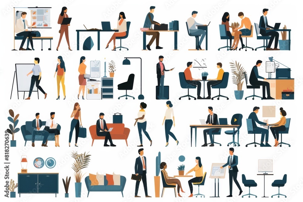 A collection of vector illustrations showcasing diverse business interactions and workplace environments A collection of vector illustrations showcasing diverse business interactions and workplace environments
