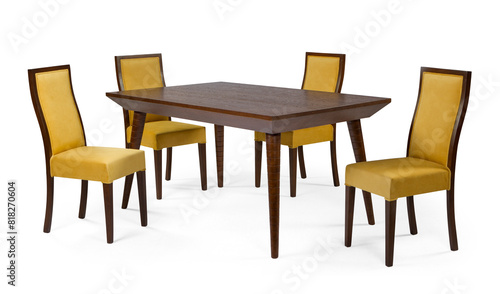 wooden dining table set isolated on white background . table and chair .