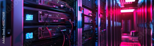 Many servers in a server room with red lights. telecommunication equipment
 photo
