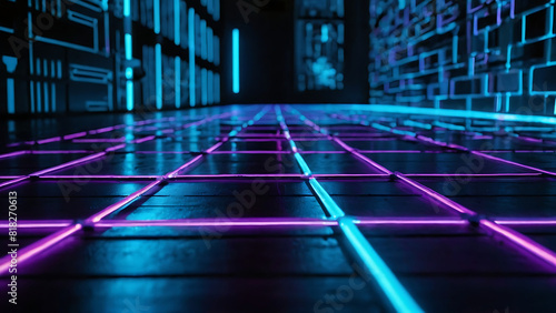 Bright Neon Lights Reflecting on a Geometric Grid Structure