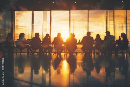 A warm-toned image of silhouetted individuals engaging in a meeting or discussion with a sunset backdrop © Odin AI