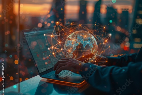 An individual is working on a laptop with a holographic image of a glowing earth network over a cityscape photo