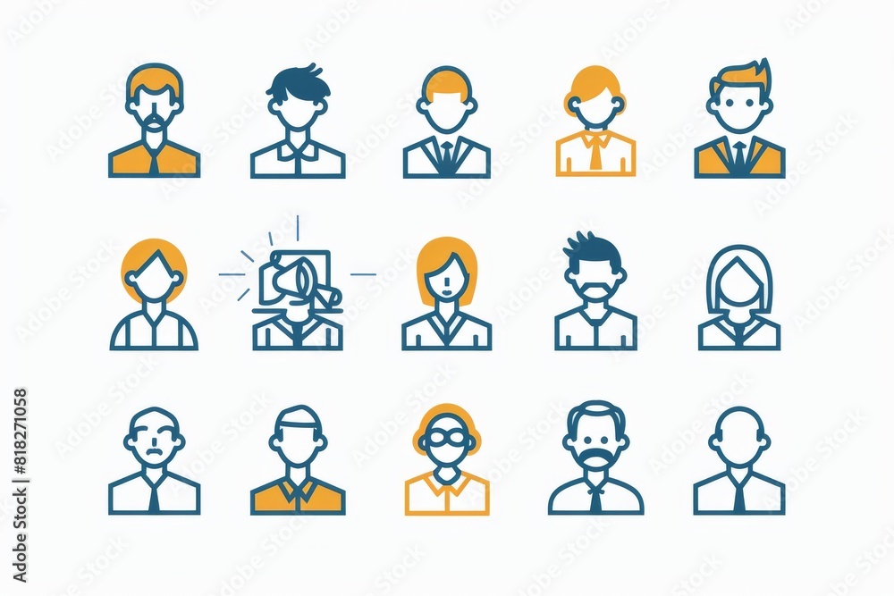 Two rows of professional avatar icons featuring male and female representations in color and monochrome Two rows of professional avatar icons featuring male and female representations in color and monochrome