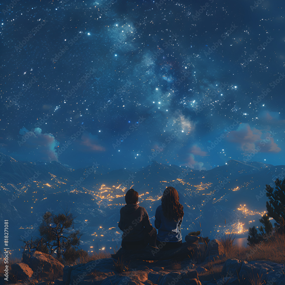 A couple sitting on the top of a mountain, looking at the stars in the sky, with city lights far away, in the style of fantasy art, with a dreamy and romantic atmosphere, at night time. A couple sitting on the top of a mountain, looking at the stars in the sky, with city lights far away, in the style of fantasy art, with a dreamy and romantic atmosphere, at night time.