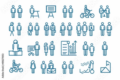 An array of stick figure icons showcasing different business activities and situations