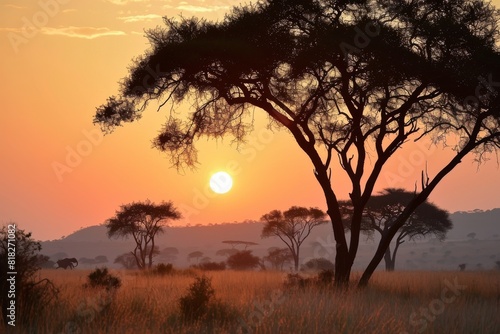 Portrait sunset with tree , A safari sunset in the of Africa, AI generated