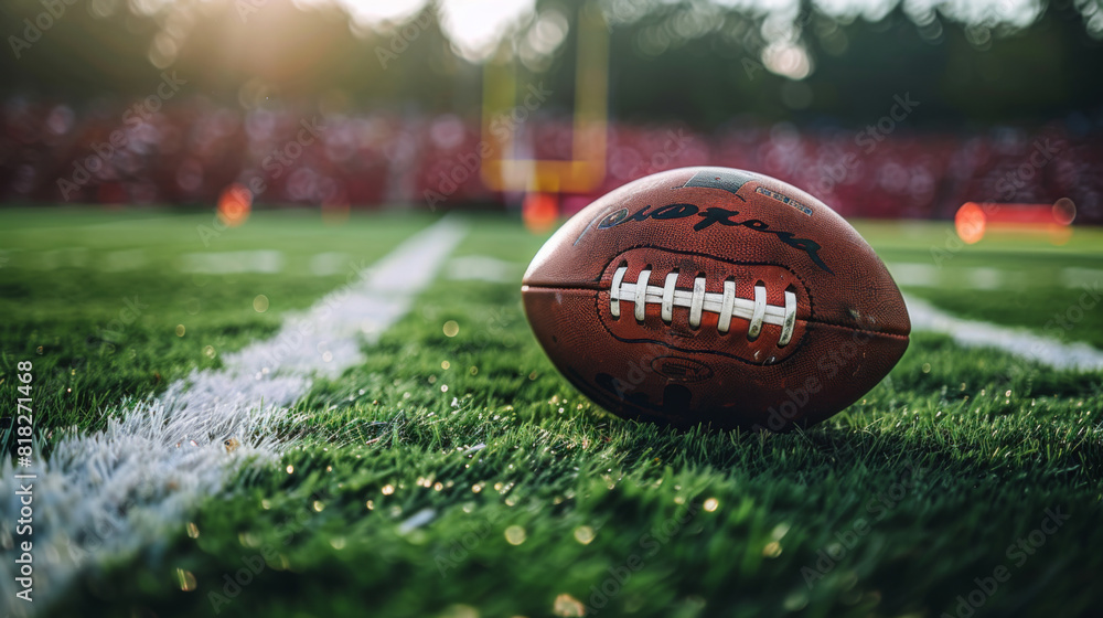 Close-up of an American football on a grass field with sunset light casting a warm glow, emphasizing sports and leisure. Close-up of an American football on a grass field with sunset light casting a warm glow, emphasizing sports and leisure.