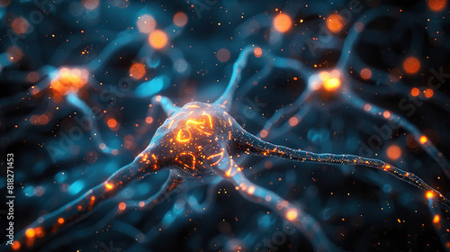 brain concept , neuron structure Neurons cells close up nerve cells depth of field showing semi-transparent network of nerves, interneurons, axons, axon terminals, dendrites, synaptic clefts, nucleus, photo