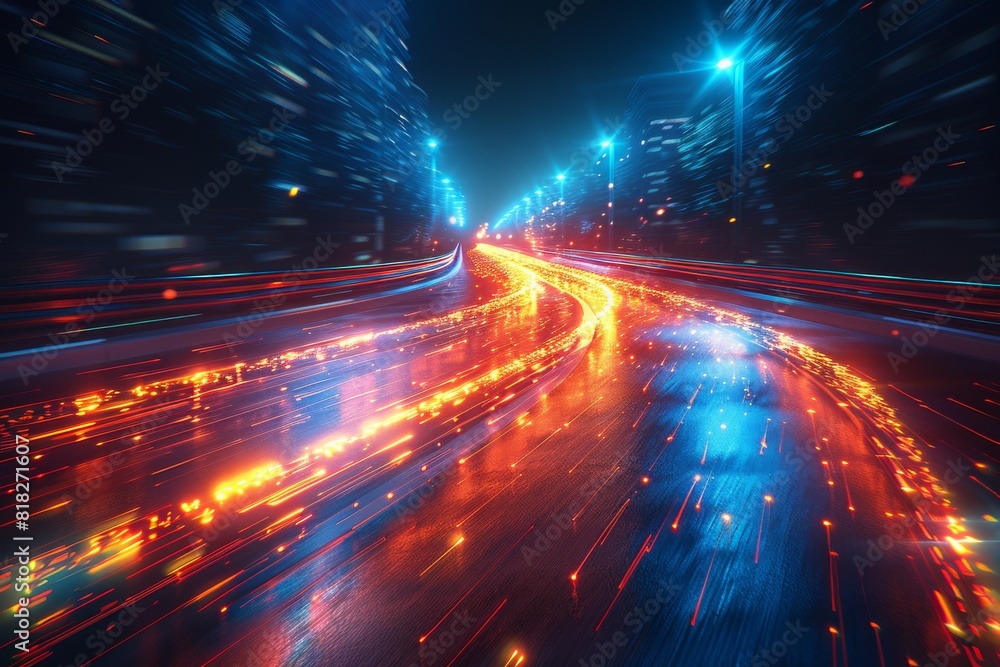 A vibrant cityscape with red and blue light trails from vehicles showing the fast-paced nature of urban life at night A vibrant cityscape with red and blue light trails from vehicles showing the fast-paced nature of urban life at night