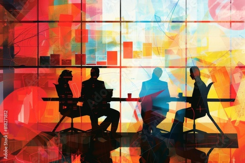 Artistic depiction of silhouetted figures in a vibrant, abstract office environment with geometric patterns