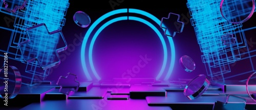 3d illustration rendering of gamer technology futuristic cyberpunk display, gaming scifi stage pedestal background