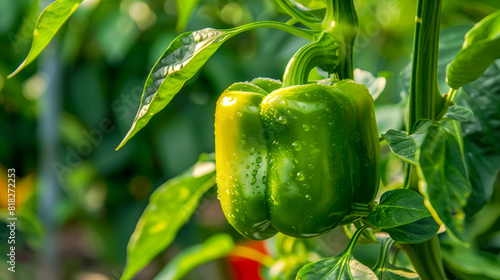 A green pepper growing on a plant in the garden