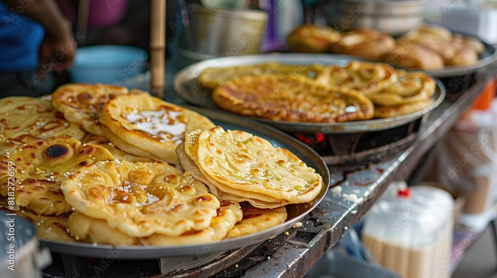 A street food scene with a vendor making fresh Roti, golden and crispy, served with condensed milk and sugar A street food scene with a vendor making fresh Roti, golden and crispy, served with condensed milk and sugar
