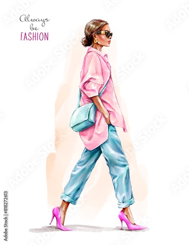 Beautiful dark skin girl with hair bun. Stylish woman with bag. Fashion woman walking. Fashion illustration 