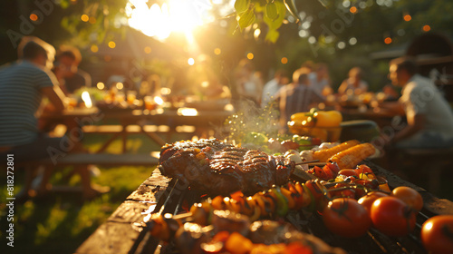 Group sitting around barbecue grill. Generative by AI