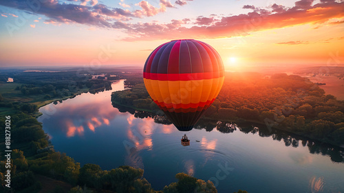 Hot air balloon soaring over river at sunset. Generative by AI