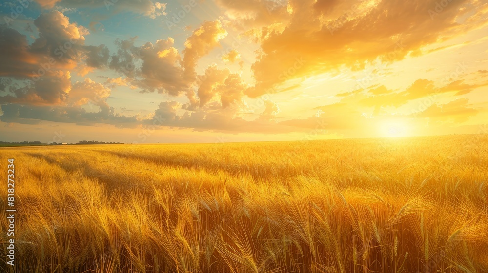 A field of golden wheat with a bright orange sun in the sky A field of golden wheat with a bright orange sun in the sky