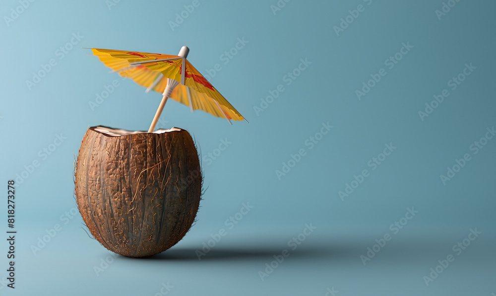 Coconut with yellow umbrella on blue background. Generative by AI