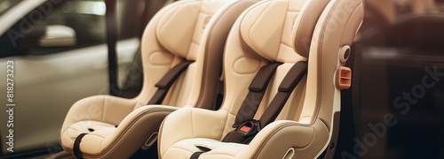 Two car seats are in a car. The seats are white and have black straps. The car is parked in a parking lot