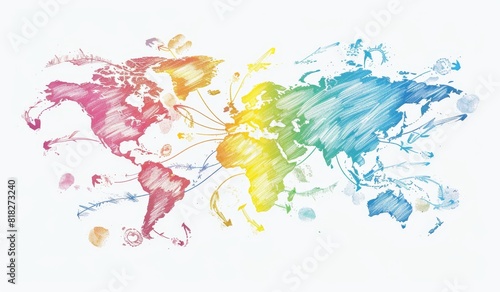 A hand-drawn world map with arrows connecting different continents  each color representing one of the five dragon-inspired colors Generative AI
