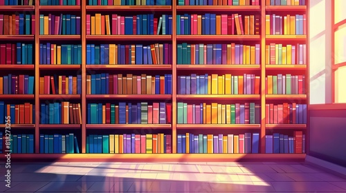 rows of colorful books on shelves in cozy library interior concept illustration