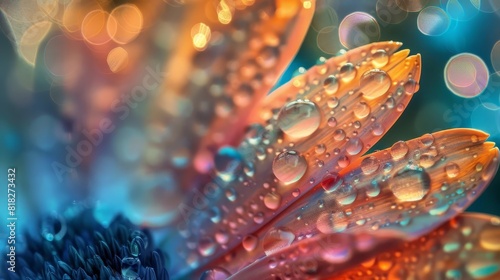 fluorescent flower petals with delicate raindrops enchanting light rain background abstract macro photography © Bijac