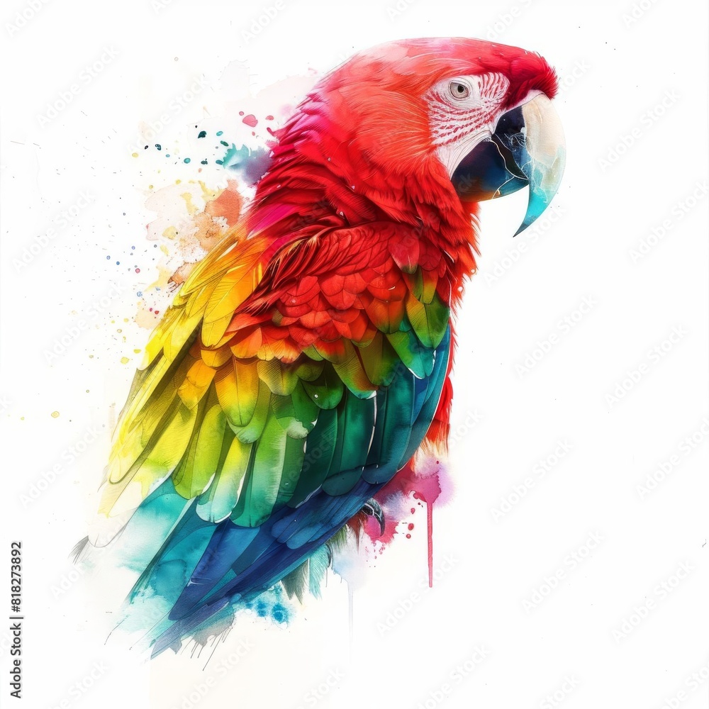 Obraz premium A watercolor painting of a parrot with vibrant red, green, blue, and yellow feathers.