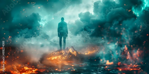 Navigating Burnout in the Business World: A Man Standing in Lava Amidst Fiery Clouds. Concept Managing Burnout, Business Life, Mental Health, Overcoming Challenges, Stress Management