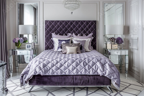 Stunning art deco bedroom featuring a quilted purple headboard, mirrored side tables, and a white geometric rug.