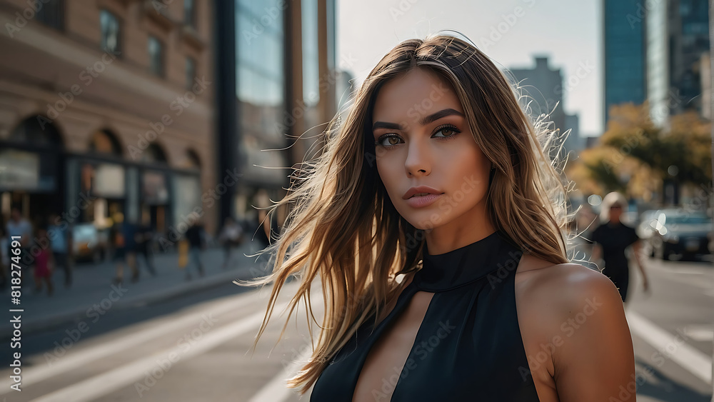 attractive woman fashion model in sleek fancy black dress walking down the street in a city attractive woman fashion model in sleek fancy black dress walking down the street in a city