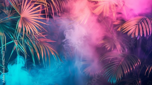 Fototapeta Naklejka Na Ścianę i Meble -  tropical neon night with palm leaves and colorful smoke abstract background