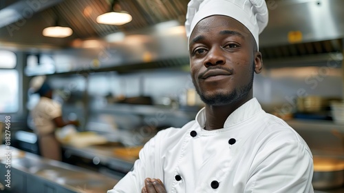 professional black male chef portrait in commercial kitchen culinary photography