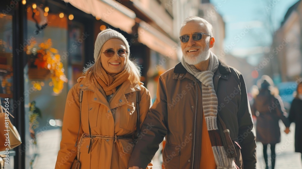 Elderly LGBTQ couple holding hands while window shopping on a city street