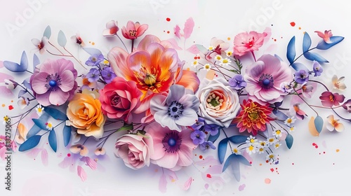 vibrant floral bouquet on white background flat lay composition with delicate flowers digital painting