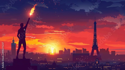 triumphant olympic athlete holding torch illuminating paris skyline at dusk concept illustration