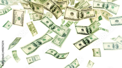 Flying Money Dollar Rain Rich Green Banknote Falling Down isolated on a transparent background
