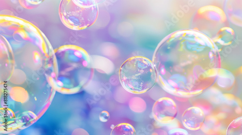 Rainbow soap bubbles on bright colorful background close up