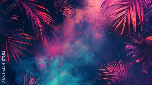 Fototapeta Naklejka Na Ścianę i Meble -  tropical neon night with palm leaves and colorful smoke abstract background