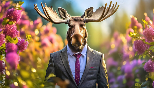 Moose in a smart suit, set within a surreal garden full of blossoming flowers and floral landscapes. This is suitable for various commercial or editorial purposes, with ample space for text photo