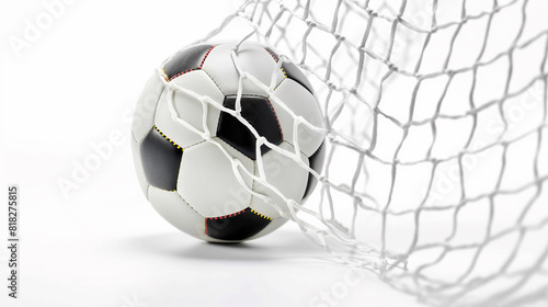 Goal  A soccer ball in the net isolated on a white background
