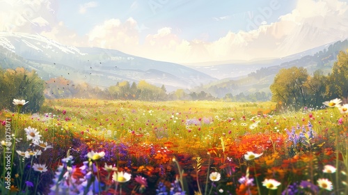A breathtaking meadow in full bloom with vibrant wildflowers under a sunny sky, surrounded by majestic mountains and lush greenery.
