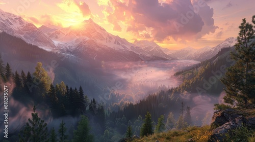 A breathtaking sunrise over a foggy mountain valley  with lush green forests and majestic peaks bathed in golden light.