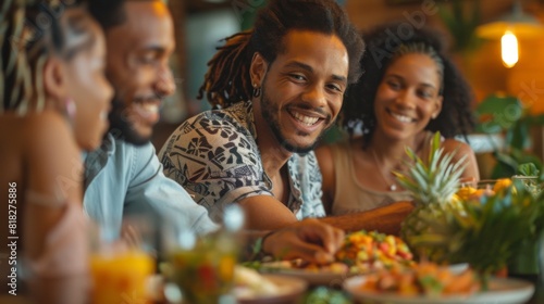 Family sharing a homemade dinner  smiling and talking