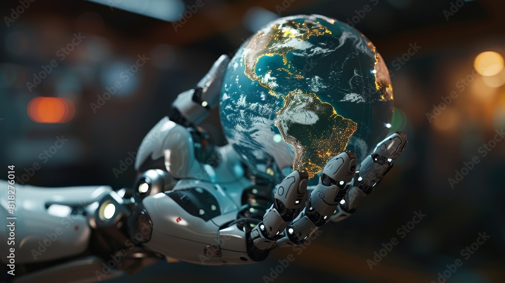 A robotic hand holding Earth, representing technology's impact on the world and the concept of global connectivity. A robotic hand holding Earth, representing technology's impact on the world and the concept of global connectivity.