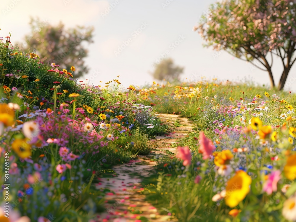 A serene countryside path winding through a vibrant meadow full of blooming wildflowers, under a sunny sky with trees in the background.