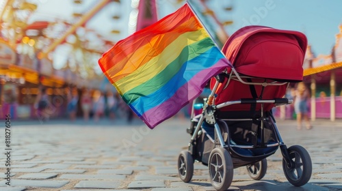 Family trip to an amusement park, a small rainbow flag in a stroller