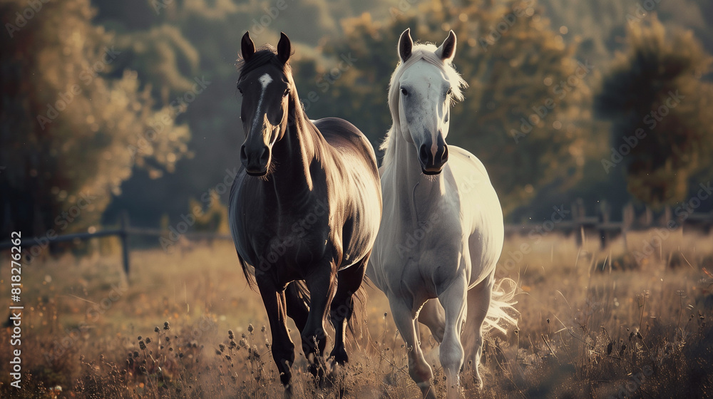 Two horses, one black and the other white, run in an open field during the golden hour. Soft light and cinematic photography.
