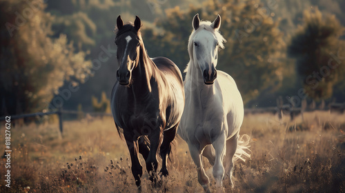 Two horses  one black and the other white  run in an open field during the golden hour. Soft light and cinematic photography.